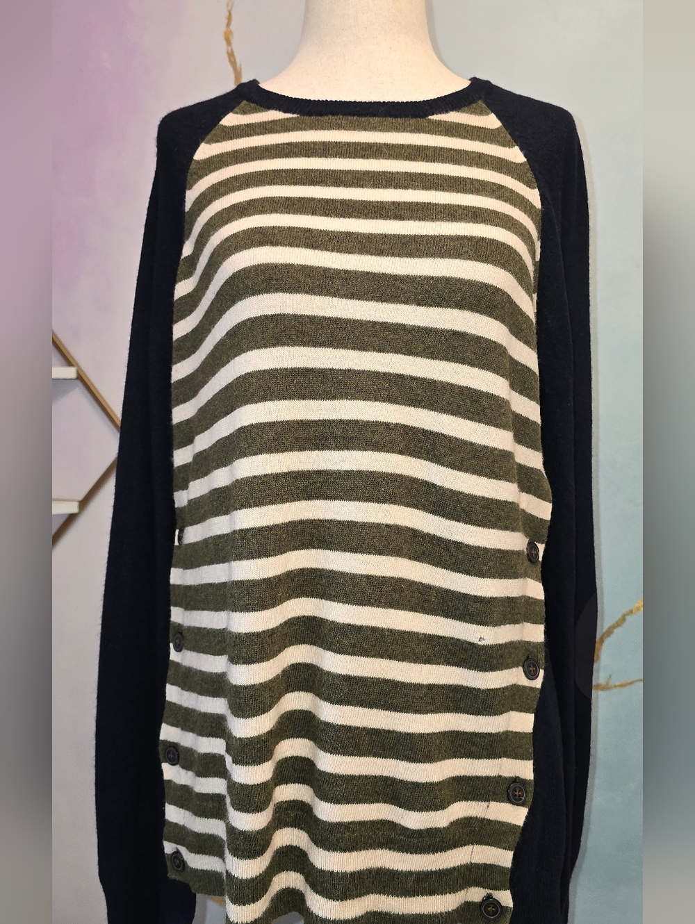 J Crew Striped Olive Cream Navy  Raglan Sweater Elbow Patch Side Buttons S Wool